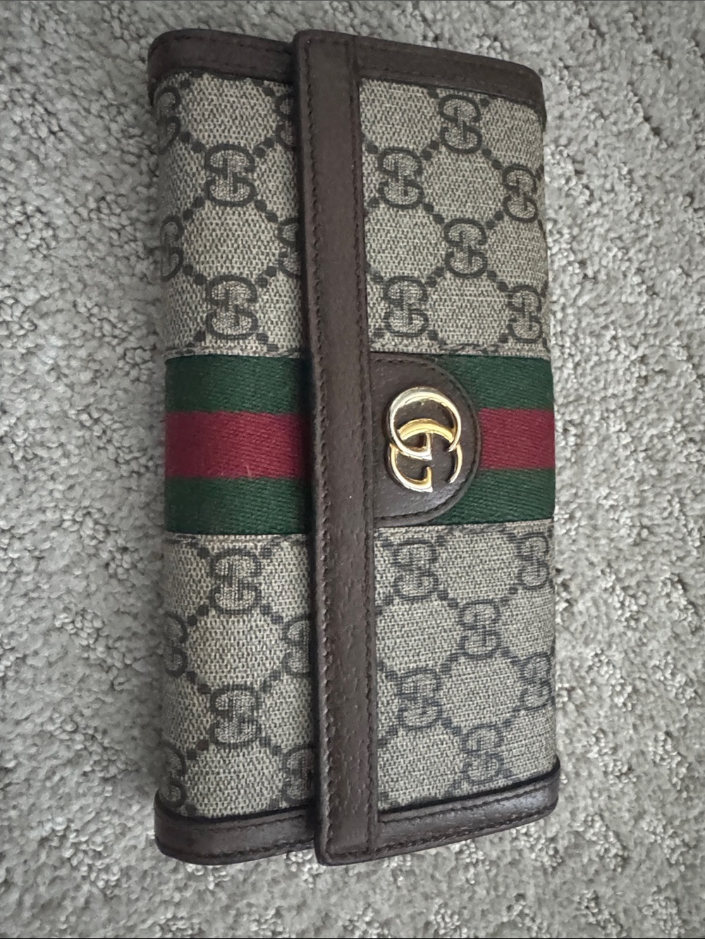 Gucci Beige GG Supreme Brown Leather Trifold Wallet with Green & Red Web